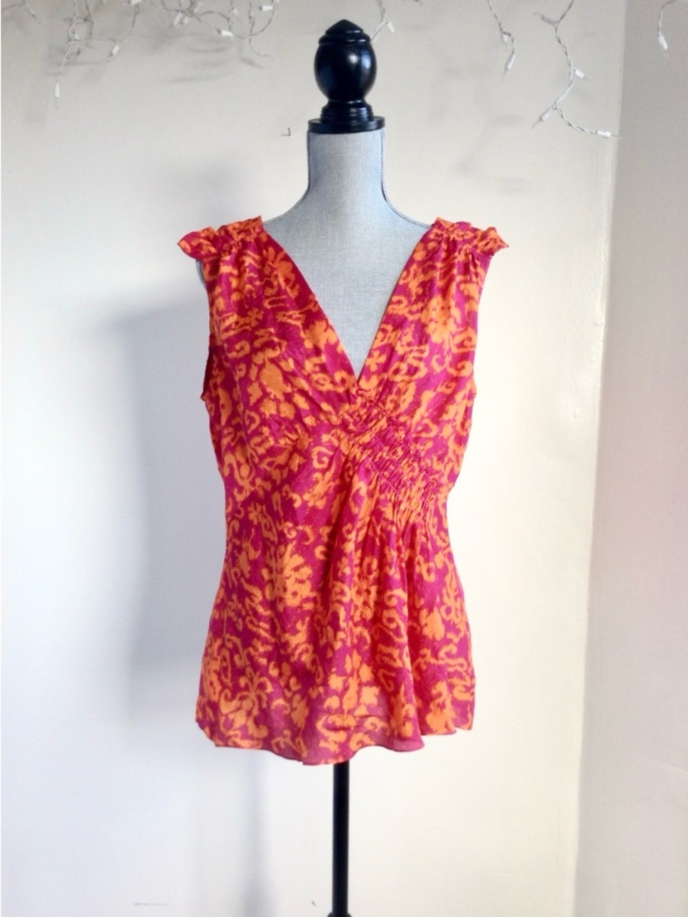 Nanette Lepore Silk VTG Made in USA Pink Orange Floral Print Smocked Cami Top 12